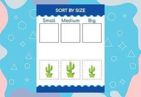 Sort images by size. Educational Worksheet For Kids. vector