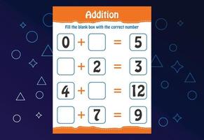 Basic math addition for kids. Fill the blank box with the correct number. Worksheet for kids vector