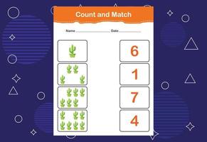 Count and Match worksheet for kids. Count and match with the correct number. Matching education game vector