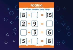 Basic math addition for kids. Fill the blank box with the correct number. Worksheet for kids vector