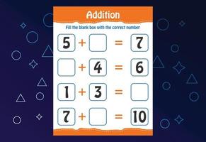 Basic math addition for kids. Fill the blank box with the correct number. Worksheet for kids vector