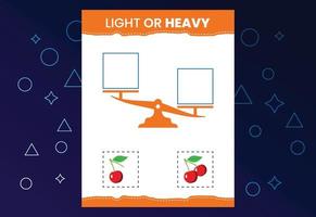 Light or heavy educational worksheet with scales. Heavier and lighter weight object learning vector