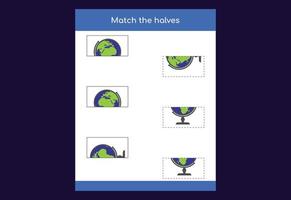 Matching game. Match halves of objects. Educational game for children, printable worksheet vector