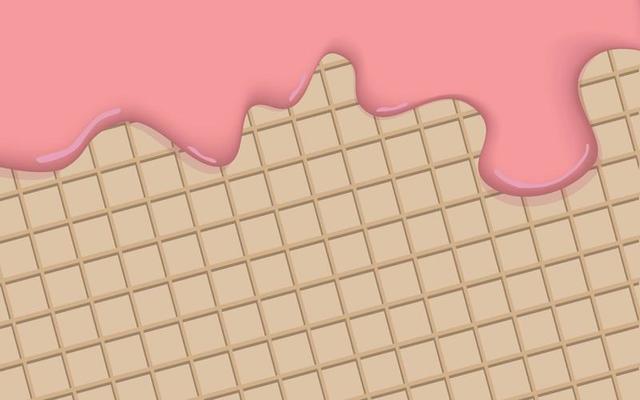 Realistic strawberry ice cream melted on vanilla cone background vector. Strawberry cream is melting on the wafer surface. A template for sweet menu or advertising commercial.