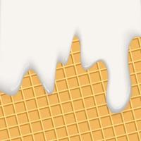 Realistic ice cream melted on vanilla cone background vector. White cream is melting on the wafer surface. A template for sweet menu or advertising commercial. vector