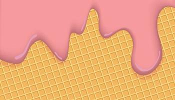 Realistic strawberry ice cream melted on vanilla cone background vector. Strawberry cream is melting on the wafer surface. A template for sweet menu or advertising commercial. vector
