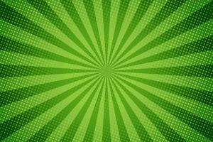 Sun rays retro vintage style on green background, Comic pattern with starburst and halftone. Cartoon retro sunburst effect with dots. Rays. Summer banner vector illustration.
