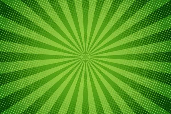Sun rays retro vintage style on green background, Comic pattern with starburst and halftone. Cartoon retro sunburst effect with dots. Rays. Summer banner vector illustration.