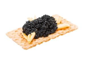 tostadas con caviar negro sobre fondo blanco foto