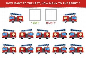 Education game for children of counting left and right picture with cute cartoon firetruck vector