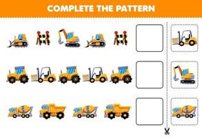 Education game for children complete the pattern logical thinking find the regularity and continue the row task with heavy machines transportation