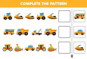 juego educativo para niños, complete el patrón de pensamiento lógico, encuentre la regularidad y continúe la tarea de la fila con el transporte amarillo vector