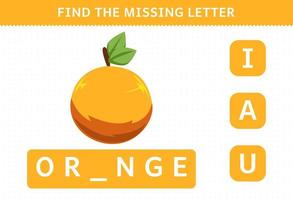 juego educativo para niños encontrar letra faltante hoja de trabajo naranja de fruta de dibujos animados lindo vector