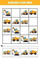 Education game for children sudoku for kids with cartoon yellow heavy machines transportation picture vector