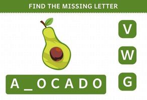 Education game for children find missing letter cute cartoon fruit avocado worksheet vector