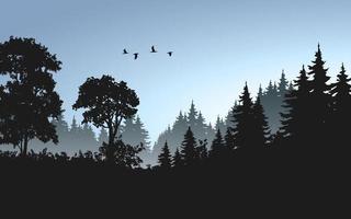 paisaje matutino del bosque. silueta de bosque de pinos vector
