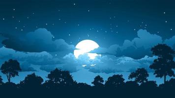 noche de bosque con luna llena y estrellas paisaje ilustración vector