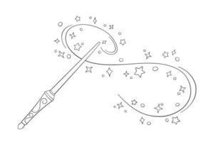 Magic wand in doodle style, vector illustration. Shiny stick icon for print and design, hand drawn. Isolated elements on a white background. Magician cast spell, fairy stars and sparkles