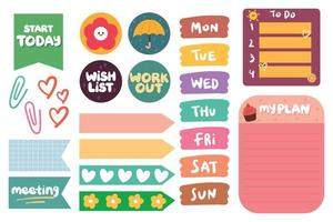 collection of weekly and daily planner sticker, notes, to do list, with lettering and cute icon. template for agenda, check list, stationery vector