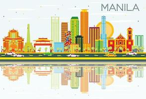 Manila Skyline with Color Buildings, Blue Sky and Reflections. vector