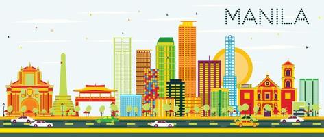 Manila Skyline with Color Buildings and Blue Sky. vector