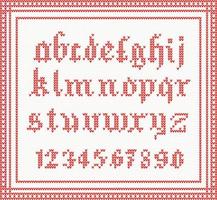 Christmas Font knitted gothic alphabet in red color. vector