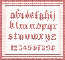 Christmas Font knitted gothic alphabet in red color. vector