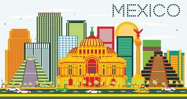 Mexico Skyline with Color Buildings and Blue Sky. vector