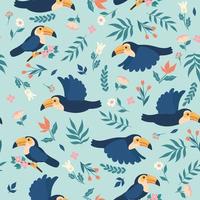 Seamless pattern birds toucans and flowers. Vector graphics.