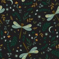 Seamless pattern with dragonflies and flowers. Vector graphics.