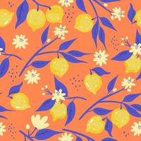 Seamless pattern with lemons on an orange background. Vector graphics.