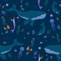 Seamless pattern with sea animals, divers and mermaids. Vector graphics.