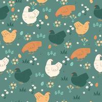 Seamless spring pattern with cute chickens. Vector graphics.