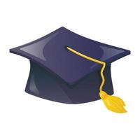 Vector cartoon illustration of a dark blue rectangular academic cap with tassel. Education, college or university symbol.