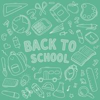 Vector seamless doodle pattern school and school supplies, stationery, books, backpacks, school bus. Chalk imitation on a green board. Back to school banner