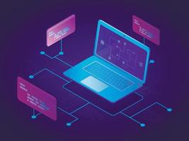 Vector modern techno isometric illustration. A laptop with a network of information links. Computer programming and software development concept.