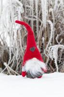 a small toy sitting in the snow in red clothes photo