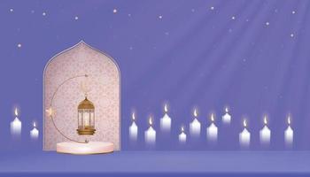 podio islámico con linterna islámica tradicional con luna creciente, vela y estrella sobre fondo morado, religiones musulmanas vectoriales, eid mubarak, ramadan kareem, eid al fitr, eid al adha, feliz muharram vector