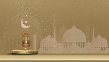 Eid al Adha Mubarak greeting design with Crescent Moon and Star hanging on 3D podium on Golden background.Vector Backdrop of Religion of Muslim Symbolic for Eid al fitr, Ramadan Kareem vector