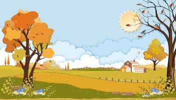 paisaje otoñal cortado en papel del campo agrícola con nubes, fondo de cielo azul, arte de papel a mediados de otoño en el campo en el pueblo con tierra de hierba en follaje naranja, pancarta vectorial para otoño o fondo otoñal vector