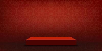 Studio room podium with red lunar wall paper cut background, Vector illustration 3D Empty Gallery room with stand display or shelf,Banner design for products presentation for Chinese New Year 2023