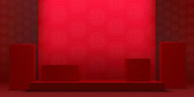 Chinese New Year backdrop,Studio room podium with lunar paper cut on Red wall background, Vector illustration 3D Empty Gallery with stand display or shelf,Banner design for products presentation