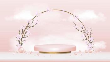 Podium Display with Cherry Blossom,Pink Sky with fluffy cloud background,Vector illustration backdrop Spring flower with Cylinder Stand platform,Studio room with blossoming branches Sakura flowers vector