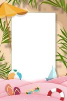 Summer background with beach vacation holiday theme in pink wave layer and copy space,Vector flat lay paper cut of tropical summer design, palm leaf and cloud on sandy beach background vector