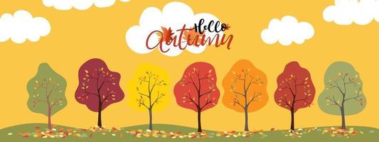 conjunto de banner de fondo de temporada de otoño de árbol con hojas multicolores cayendo sobre el suelo, banner de fondo de ilustración vecyor hola otoño con árboles de bosque coloridos sobre fondo amarillo vector