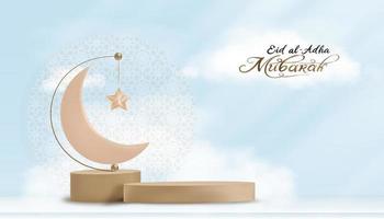 Eid al Adha Mubarak greeting design with Crescent Moon and Star hanging on 3D podium on grey cement background.Vector Backdrop of Religion of Muslim Symbolic for Eid al fitr, Ramadan Kareem vector