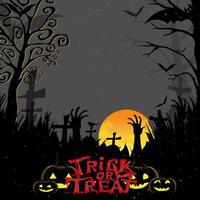 Halloween Party with Trick or Treat Background with bat flying, zombie hand on graveyard in scary cemetery day with smiling pumpkins face, Vector banner backdrop for Autumn Holiday or Fall Sale