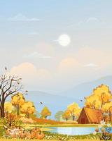 Autumn rural landscape in evening light with sunset, blue and orange sky background,Vector Cartoon fall season countryside with forest tree pumpkin on grass field with sunrise,Backdrop natural banner vector