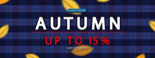 Autumn background with leaves frame in Orange,Yellow on Tartan, Plaid pattern background,Fall sale banner design for Discount or  Promotion. Vector Illustration Autumnal with Special Offer backdrop