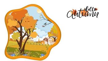 tarjeta de otoño cortada en papel de campo agrícola con nubes, fondo de cielo azul, arte de papel a mediados de otoño en el campo en el pueblo con tierra de hierba en follaje naranja, pancarta vectorial para otoño o fondo otoñal vector